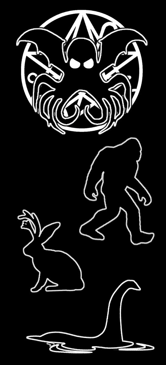 Set of white line drawings of Cthulu, bigfoot, a jackelope, and Loch Ness monster on a black background.