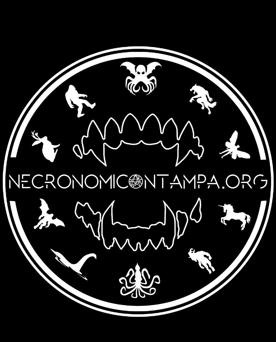 Circular logo with white cryptid illustrations and text on a black background