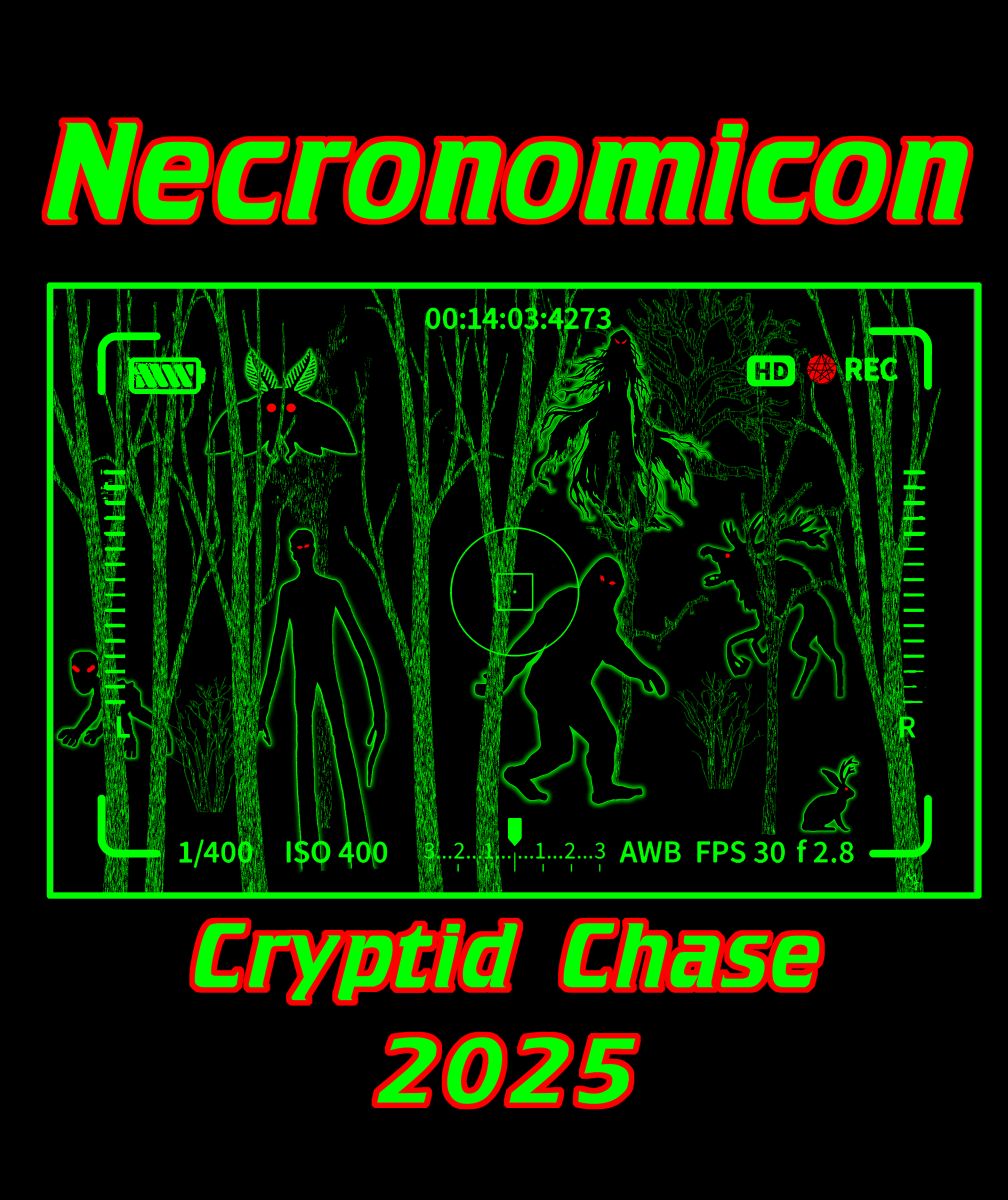 Necronomicon Cryptid Chase 2025 graphic with green text and graphics on a black background