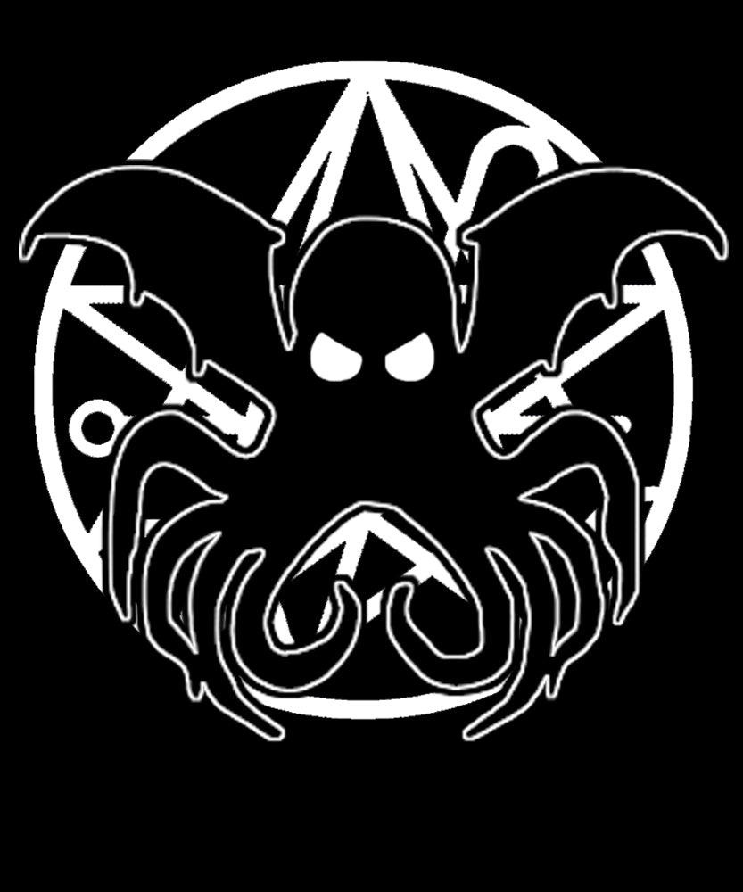 Black and white logo with a stylized Cthulu face over the Necronomicon logo on a black background